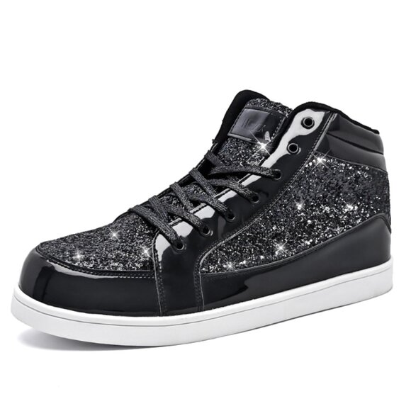 NEW (7.5 M'S / 9 WM'S) BLACK CRAZILY-SPARKLY High Tops with White Soles - Picture 1 of 4